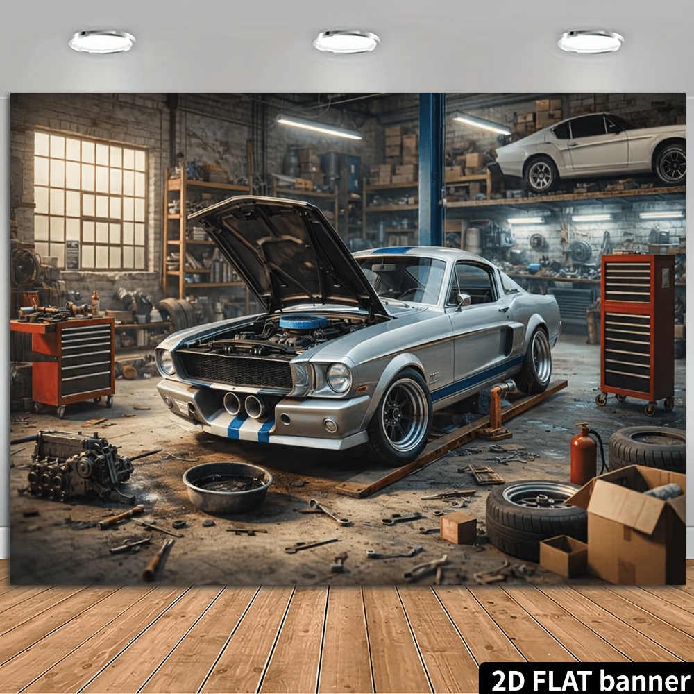Auto Repair Shop Background - 2D平面のレトロな自動車修理工場の銀色のスポーツカーの背景布。 クラシックなマッスルカーの修理シーンの要素。