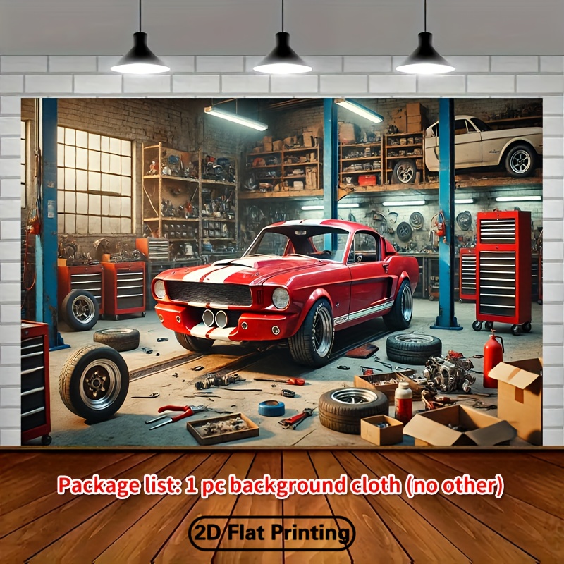 Auto Repair Shop Background - クラシックカーガレージワークショップ背景ヴィンテージ自動車修理工場シーンタペストリーウォールアート装飾男性用マンケイブバールーム写真撮影用