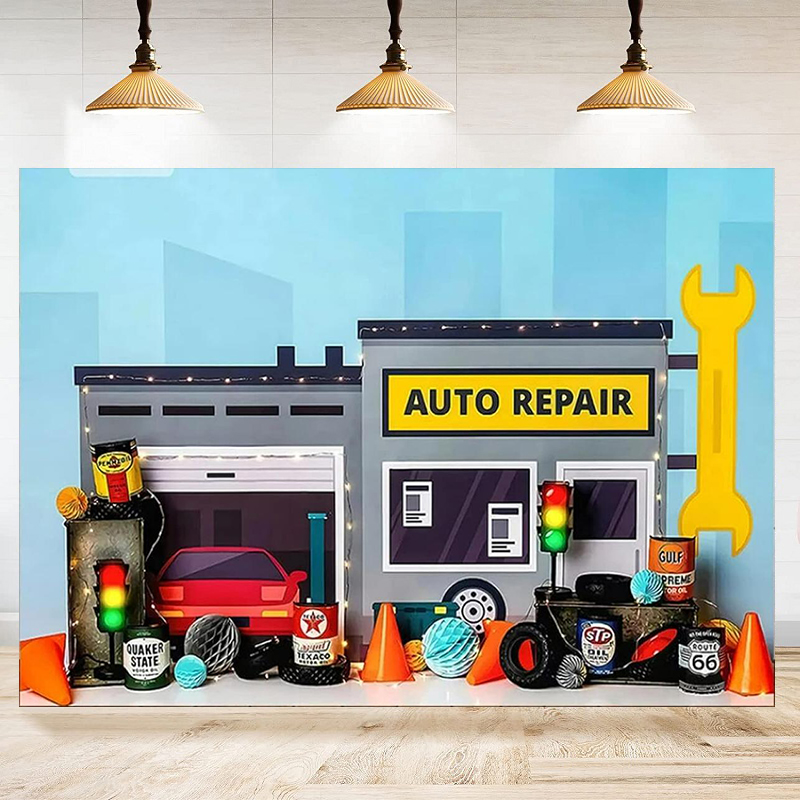 Auto Repair Shop Background - 自動車修理工場自動車整備士写真撮影背景幕男の子の誕生日パーティー背景装飾バナー