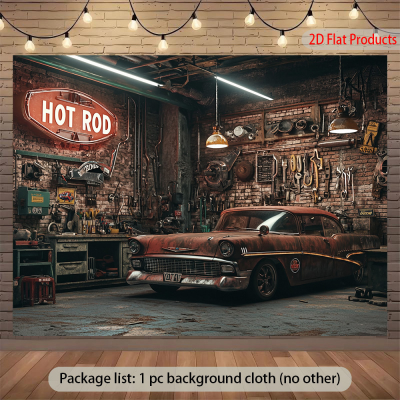 Auto Repair Shop Background - 1ヴィンテージカーガレージバナー背景 - ヴィンテージ19501990年代自動車修理工場テーマ、パーティーデコレーション