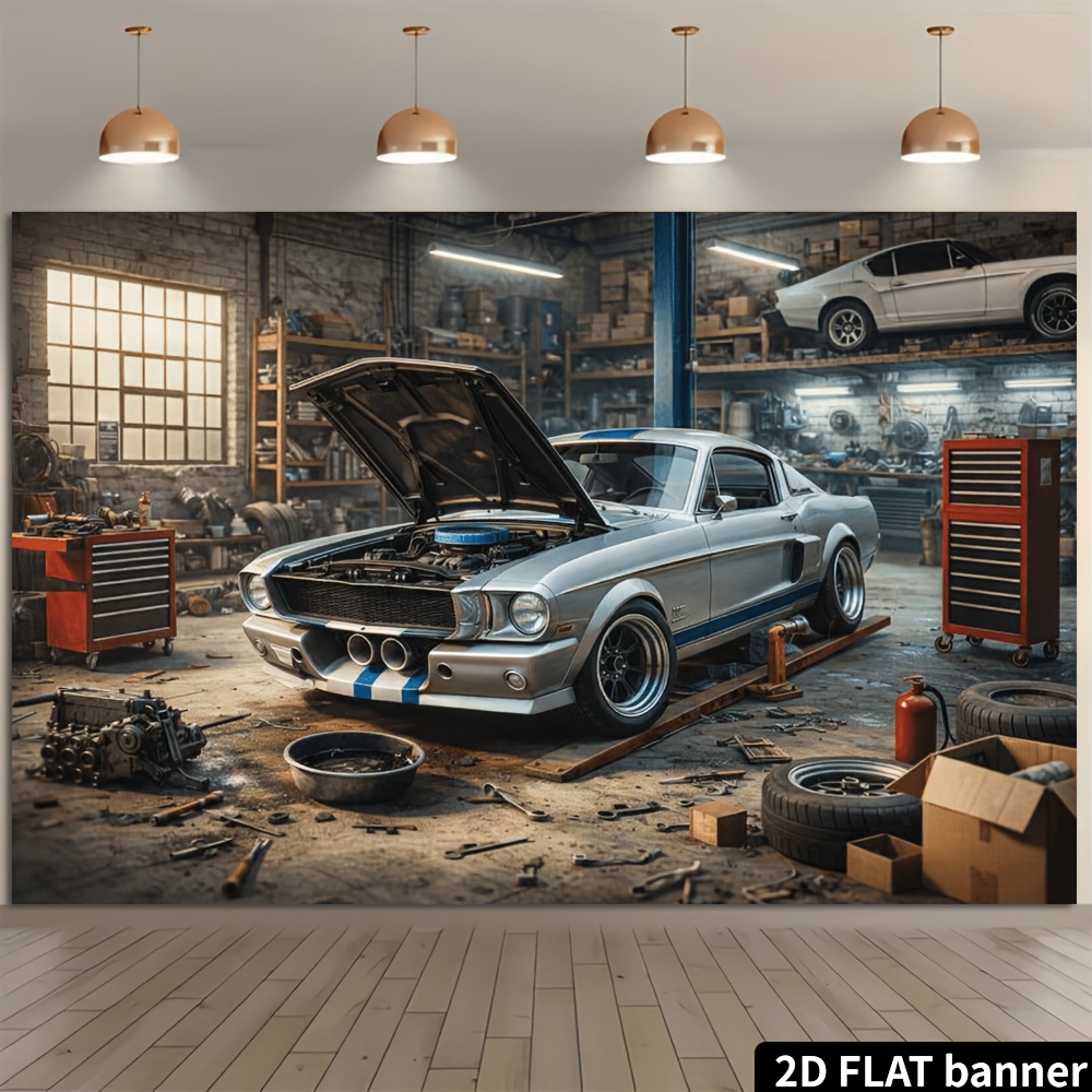 2D平面のレトロな自動車修理工場の銀色のスポーツカーの背景布 - Auto Repair Shop Background のレビューと価格