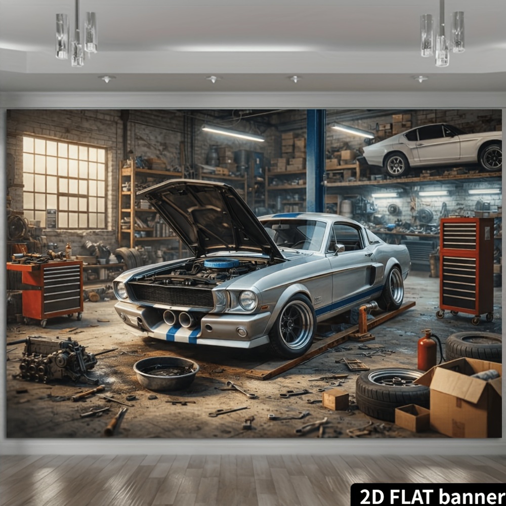 2D平面のレトロな自動車修理工場の銀色のスポーツカーの背景布 - Auto Repair Shop Background のレビューと価格