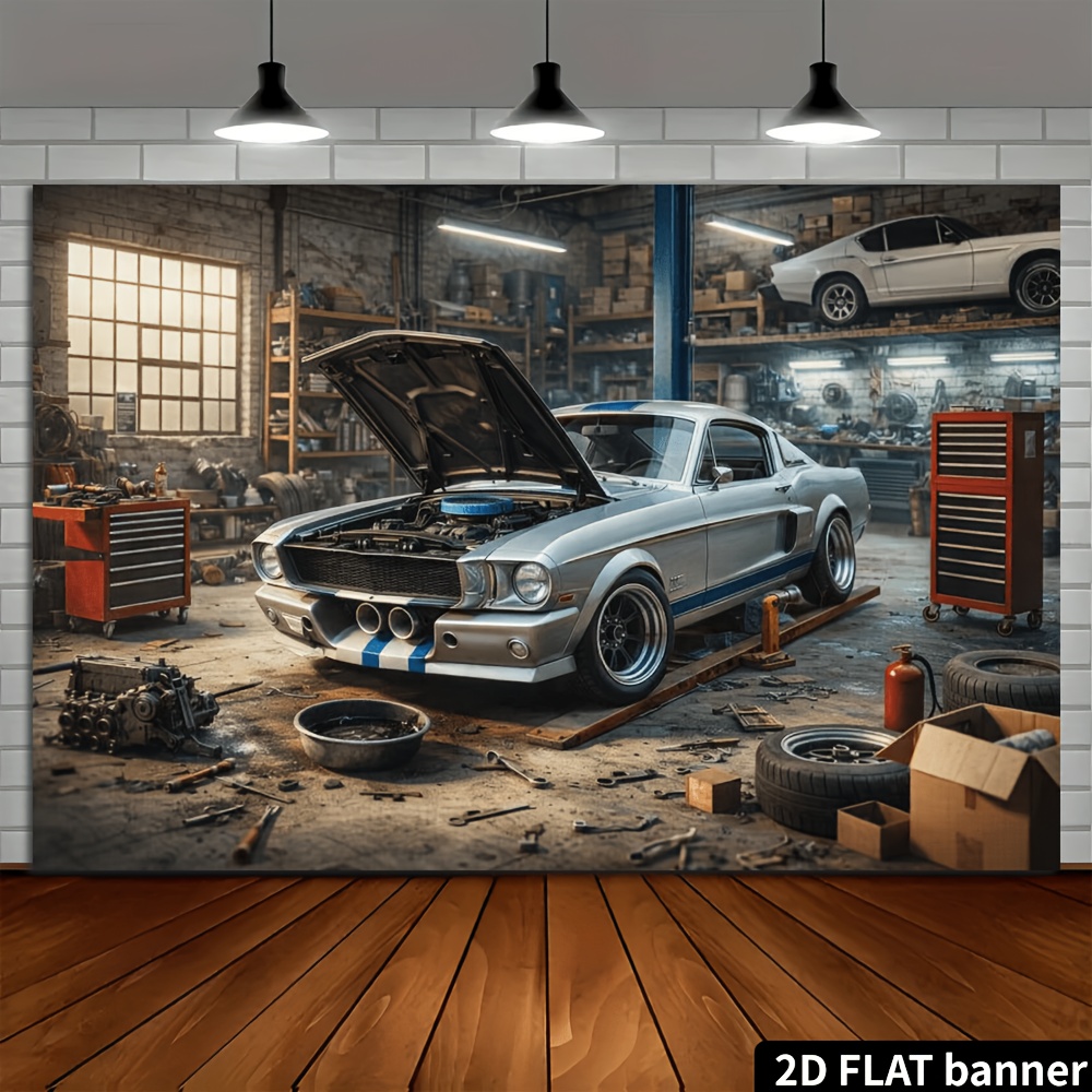2D平面のレトロな自動車修理工場の銀色のスポーツカーの背景布 - Auto Repair Shop Background のレビューと価格
